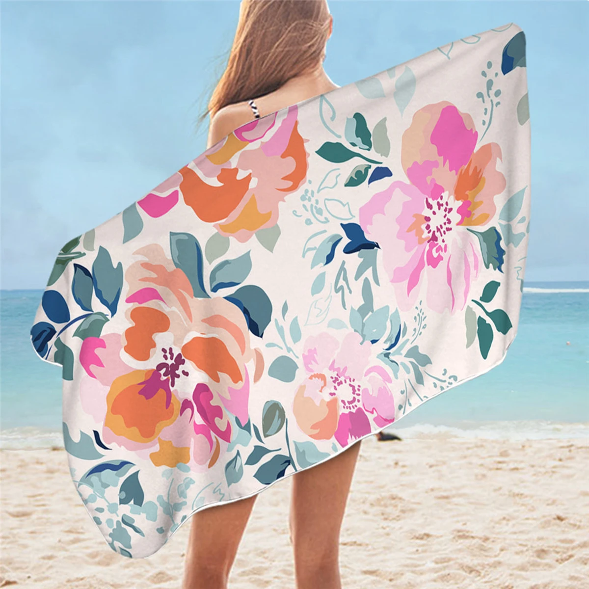 

Floral Beach Towel Microfiber Quick Dry Pink Flower Beach Towel Plant Leaf Rectangle Mat Soft Swimming Yoga Camping Girls Gift