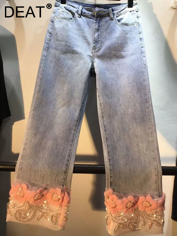 

Женские джинсы с завышенной талией DEAT, прямые кружевные розовые брюки до щиколотки из денима с цветочным узором и бусинами, модель 29L273 на лето, 2023