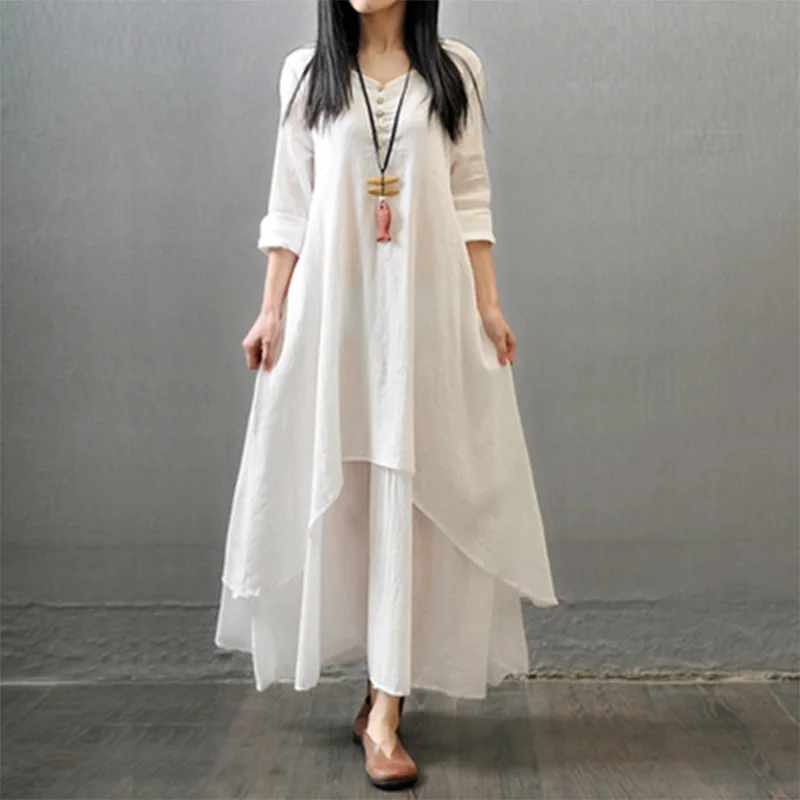 

2022Spring New Fake Two-Piece Long Skirt Literary Expansion Linen Dress Loose Long Sleeve Cotton and Linen Skirt