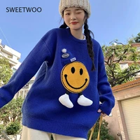 2022 autumn and winter new smiling face sweater womens thickening fashion casual knitted top womens blue black white