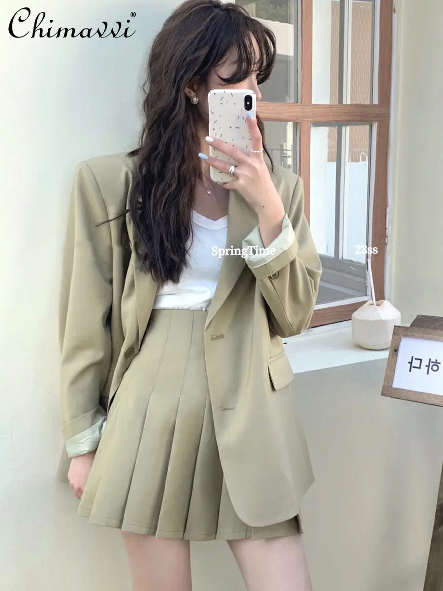 Long Sleeve Single-Brewed Suit Jacket Pleated Skirt Two-Piece Set Female Student 2023 Spring New Skirt Suits Women Clothes