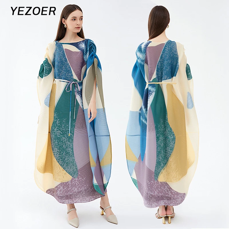 

Женское плиссированное платье YEZOER, вечернее платье большого размера с геометрическим принтом, поясом и рукавом летучая мышь, весна 2023