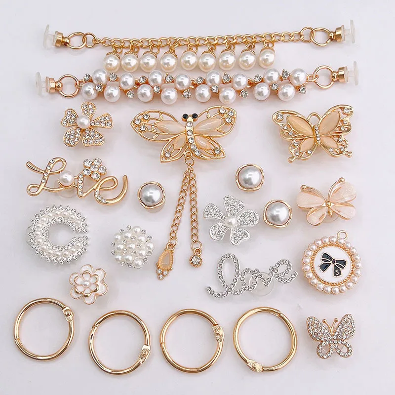 Fashion Designer Shoe Charms Decoration Clogs Croc Charm Butterfly Metal Pearl Rhinestones Bling Luxury Shoe Charm Set Wholesale