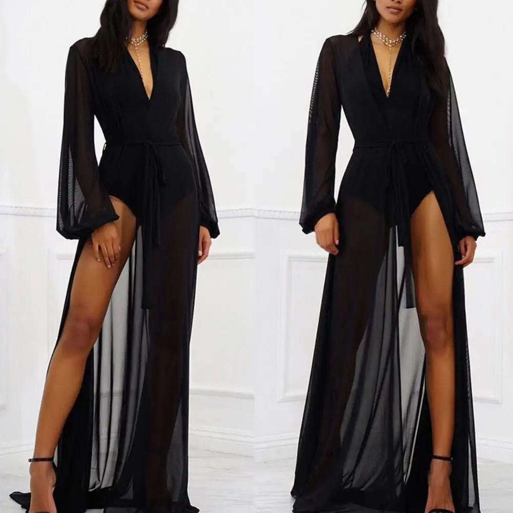 

Party Dress 2022 Women Deep V Neck Cover-ups Long Cardigan Sun Protection Floor Length Sexy Lantern Sleeve Mesh Cardigan Coat