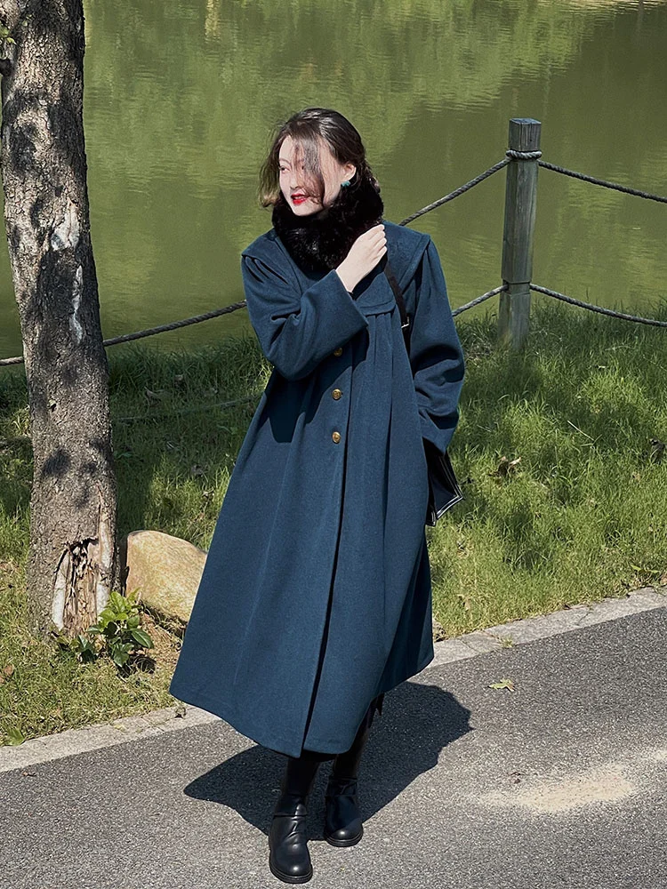 

Collection Private Clothing Peacock Blue Retro Wool Overcoat Women's Mid-Length Autumn and Winter Woolen Coat