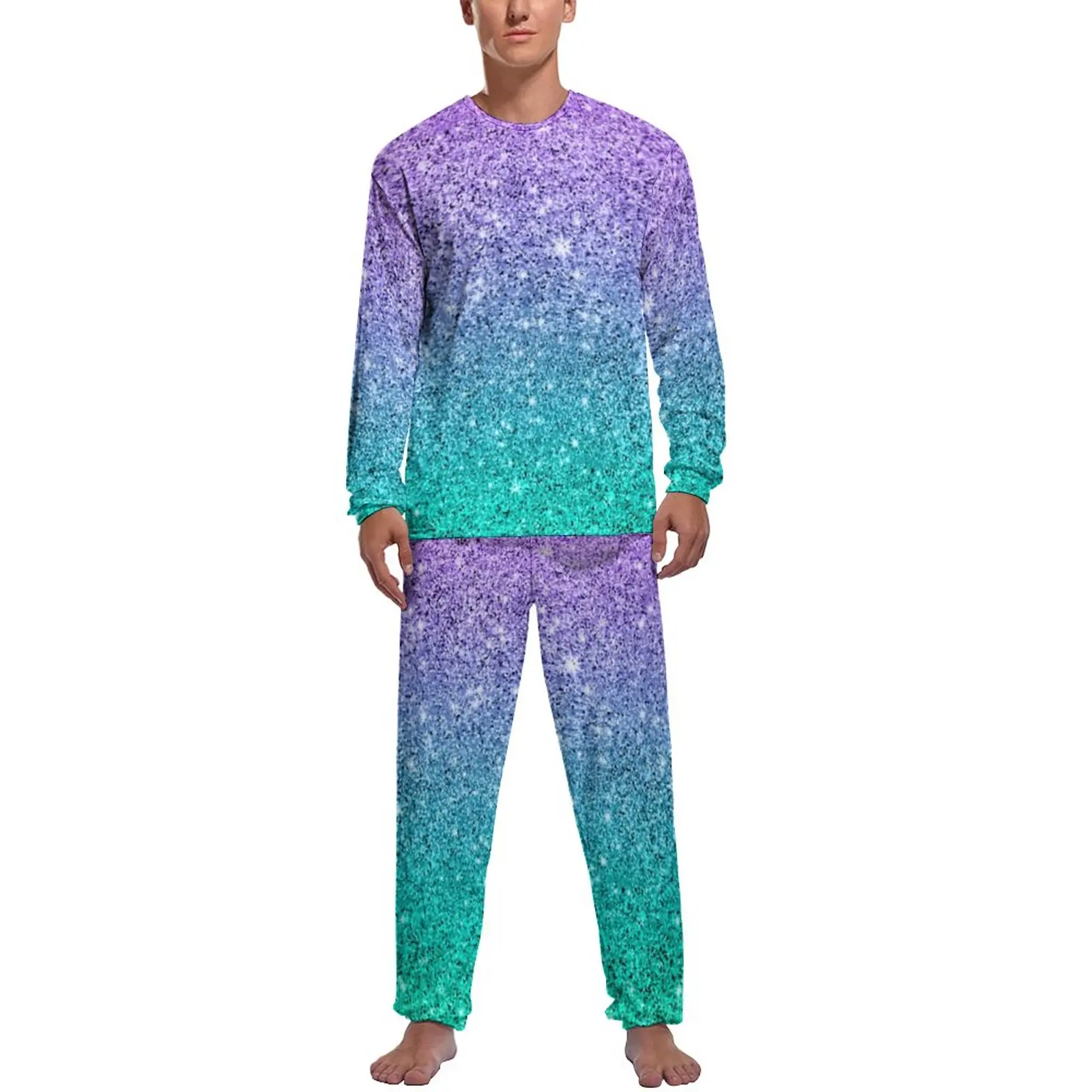 Glitter Ombre Print Pajamas Man Purple and Green Lovely Sleepwear Spring Long-Sleeve 2 Pieces Leisure Design Pajama Sets