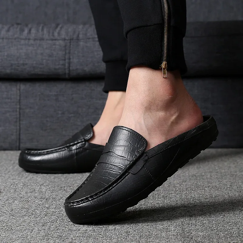 

Men's Summer Casual Sandal Slide Stylish Men's Leather Slippers Outdoor Half Loafers Light Half Shoes Breathable