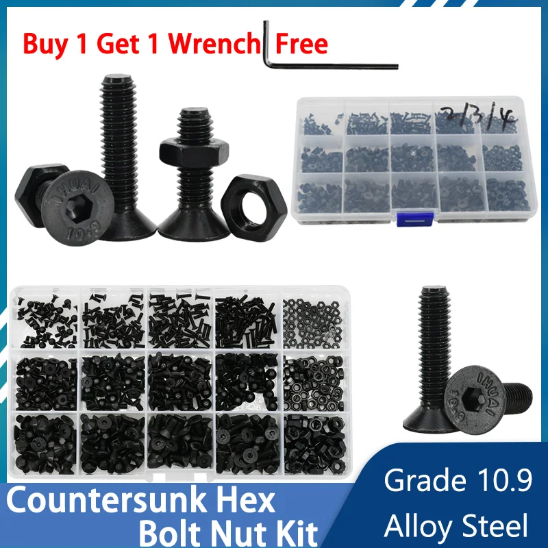 

Grade 10.9 Alloy Steel Black Countersunk Flat Head Hex Bolt Nut Kit Electric Machine Screws Hexagon Allen Bolts M2 M3 M4 M5 M6