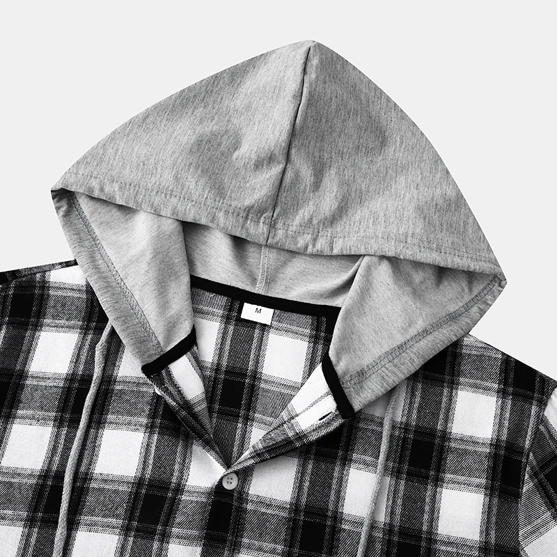 Parklees Black Whited Plaid Hooded Shirt Men 2023 Spring Fashion New Long Sleeve Cotton Checked Shirts Loose Casual Hoodies Top