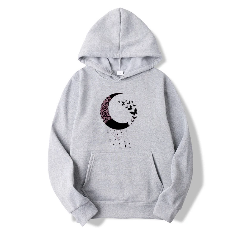 2022 Women Fashion Moon Printing Long Sleeve Hooded Sportswear Solid Color Tops Loose Pullover Sportswear Couple Casual Hoodies