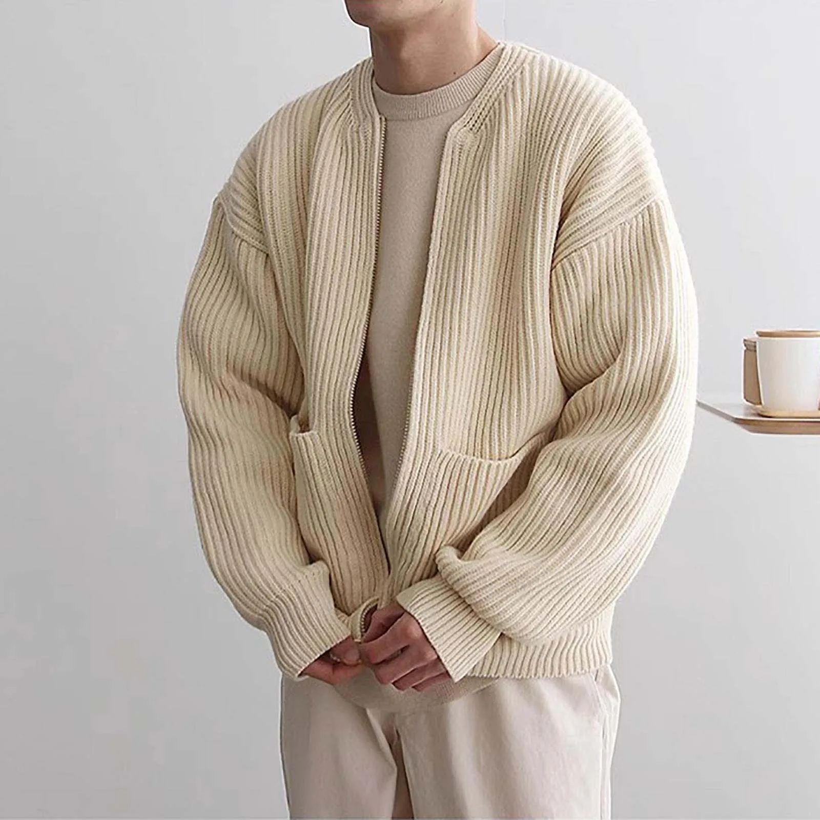 2024 осенний вязаный свитер на молнии для мужчин однотонный повседневный тонкий