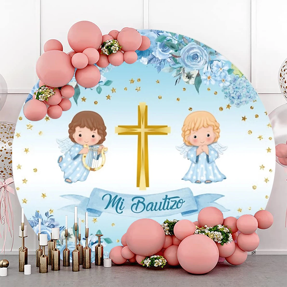 

My Baptism Round Backdrop Holy First Communion Boy Angel Baby Shower Christening Party Decoration Flower Circle Background Cover