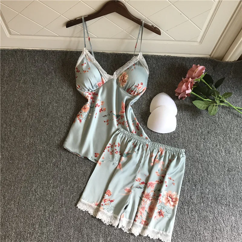 Women's Sleepwear 2 Pcs Sets Tops+Shorts Floral Printed Sexy Lace Satin Sleeveless V-neck Pyjama Sets With Pads