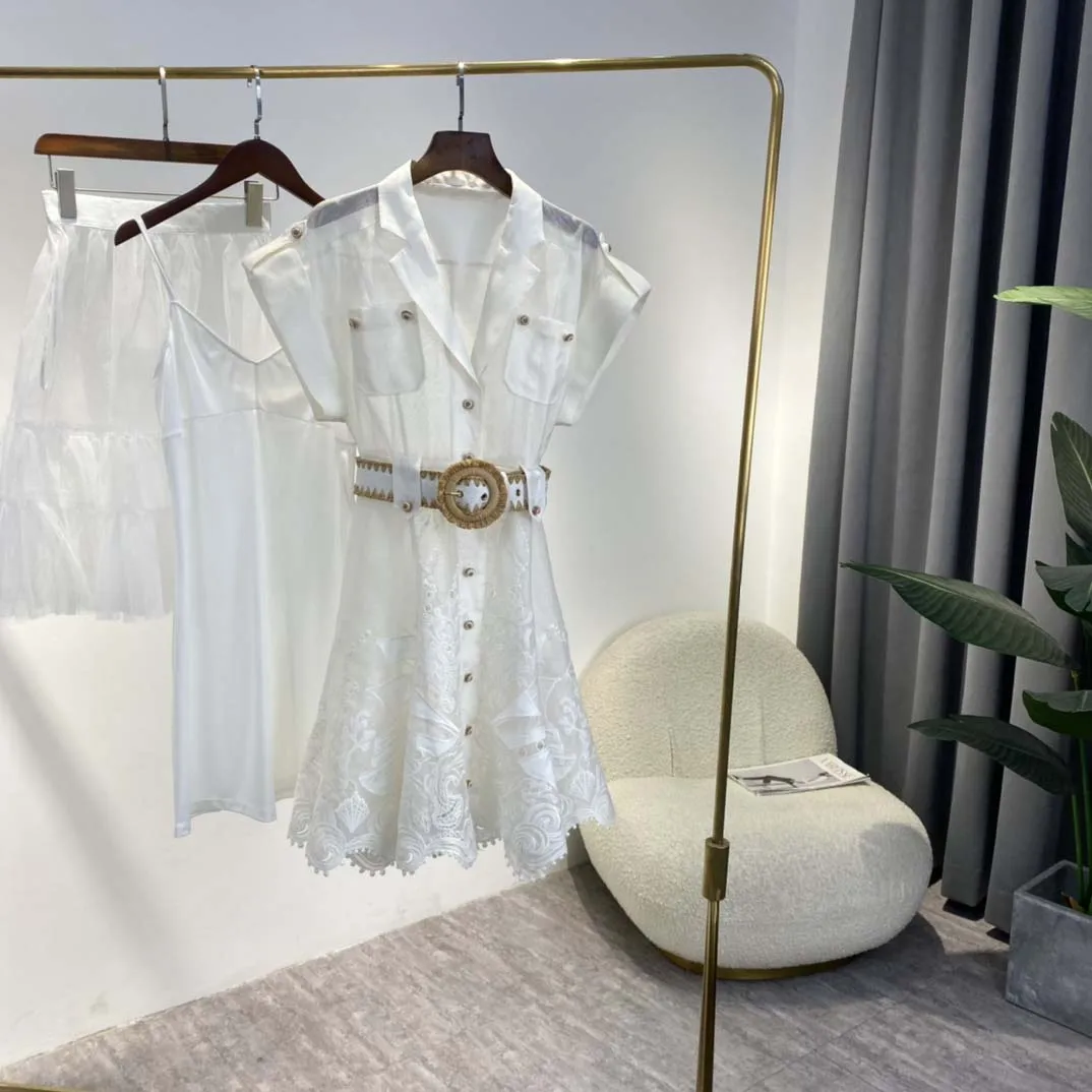

Solid White Hook Hollow Out Embroidered Mini Dresses with Fabric Belt 2022 Summer Women Vintage Top Quality Clothing
