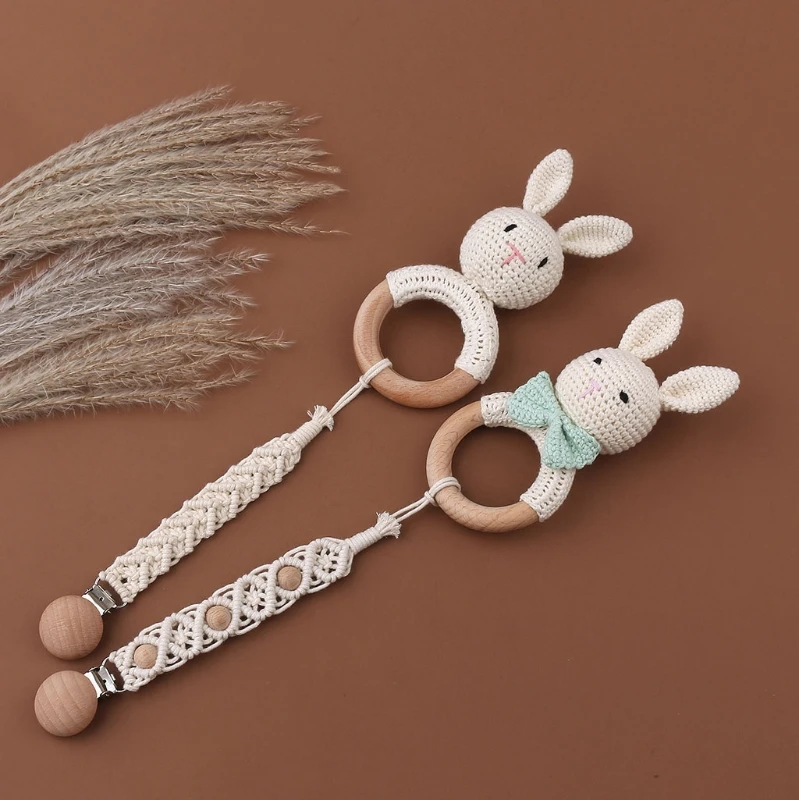 

Baby Wooden Teether Ring DIY Crochet Bunny Rattle Newborn Pram Crib Toy Soother Bracelet Teething Molar A2UB