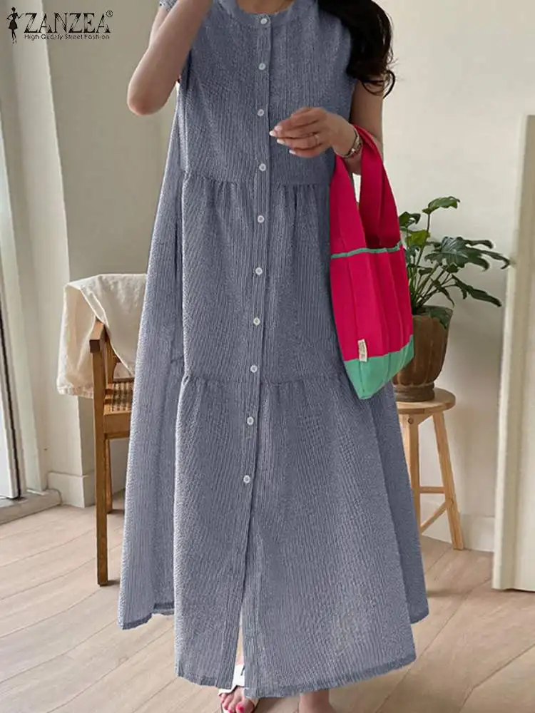 

Платье ZANZEA женское без рукавов, модная Свободная рубашка для отдыха, Повседневный Сарафан в полоску с принтом, с круглым вырезом, большие размеры, на лето