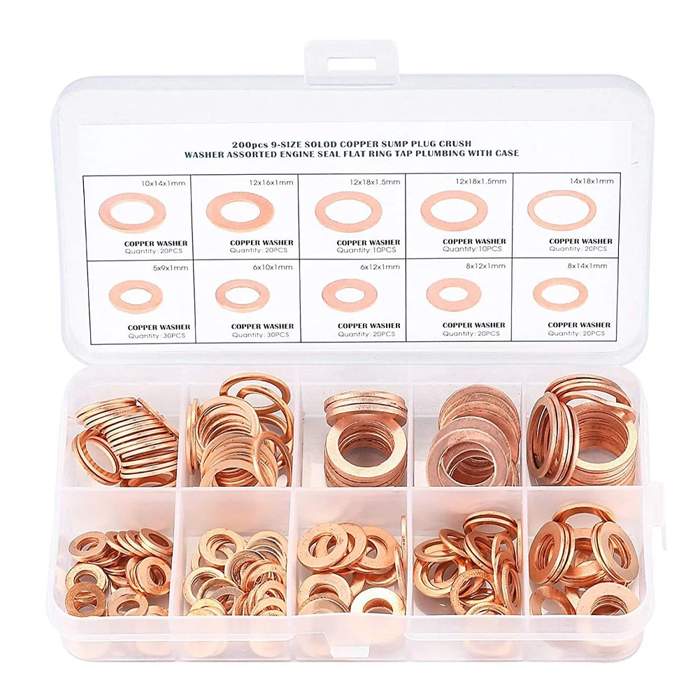 

200PCS Copper Washer Gasket Nut and Bolt Set Flat Ring Seal Assortment Kit with Box M5 M6 M8 M10 M12 M14 for Sump Plugs