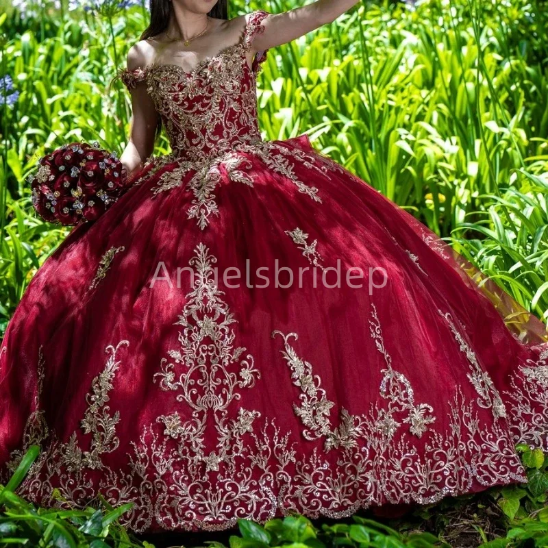 Блестящее Красное Бальное Платье Angelsbride платья для Quinceanera с золотой аппликацией