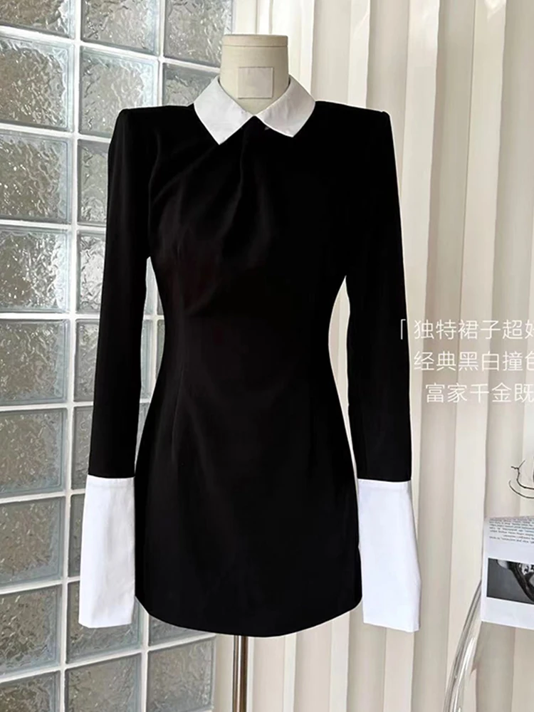 

New Design Long Sleeve Corset Dress Lapel Collar 90s Women One-Piece Frocks Black And White Contrast Color Streetwear Y2k Gothic