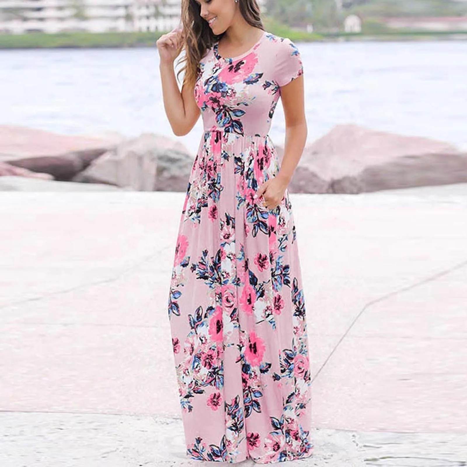 Floral Printed Short Sleeve Maxi Dresses For Women 2023 Plus Size With Pockets Women Clothing Women’s Dresses Free Shipping