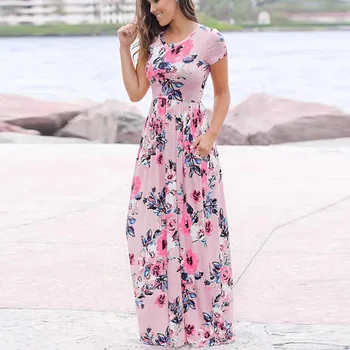 Floral Printed Short Sleeve Maxi Dresses For Women 2023 Plus Size With Pockets Women Clothing Women's Dresses Free Shipping 1