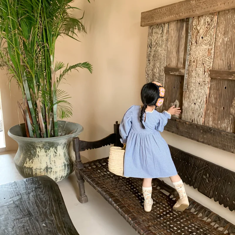 Платье для девочек новая весенне-осенняя кружевная клетчатая юбка в стиле ретро