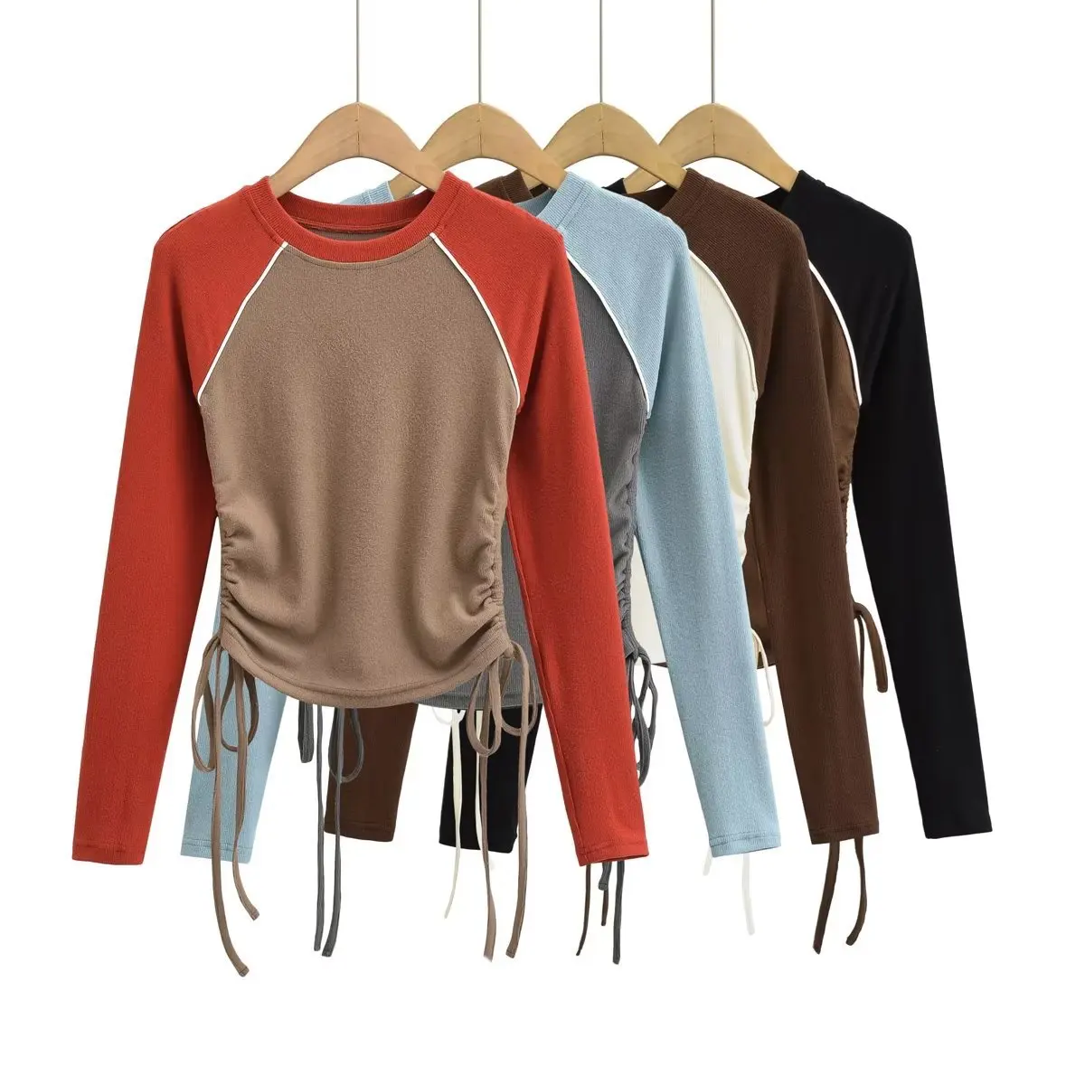 

2022 Autumn New Brushed Color Contrast Drawstring Long Sleeve T-shirt Women's Crew Neck Raglan Sleeves Short Backing Shirt