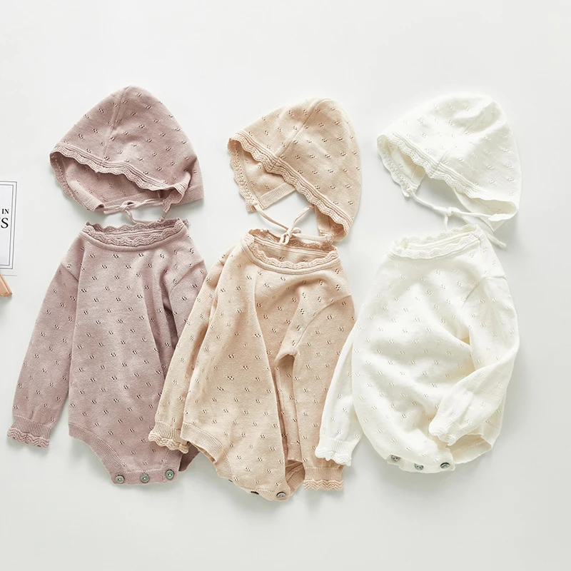 

Korean Style Newborn Baby Girls Knitting Bodysuits+Hat Long Sleeve Solid Color Hollowed Out Jumpsuit Autumn Spring Baby Clothing