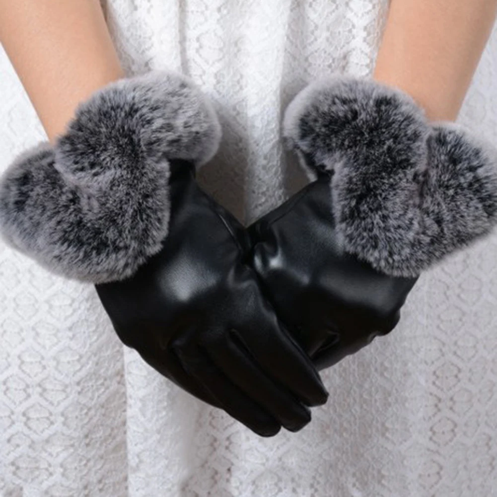 

Fashion Women Winter Warm PU Leather Glove Female Faux Rabit Fur Thick Plush Driving Gloves Black Red Split Finger Gloves