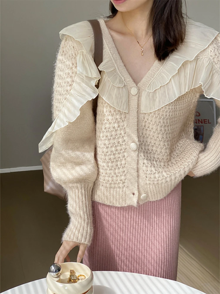 

Korobov Winter Clothes Women Sweater Gentle Splicing Edge of Fungus Design V-neck Knitting Cardigans Solid Pull Femme Hiver 2022