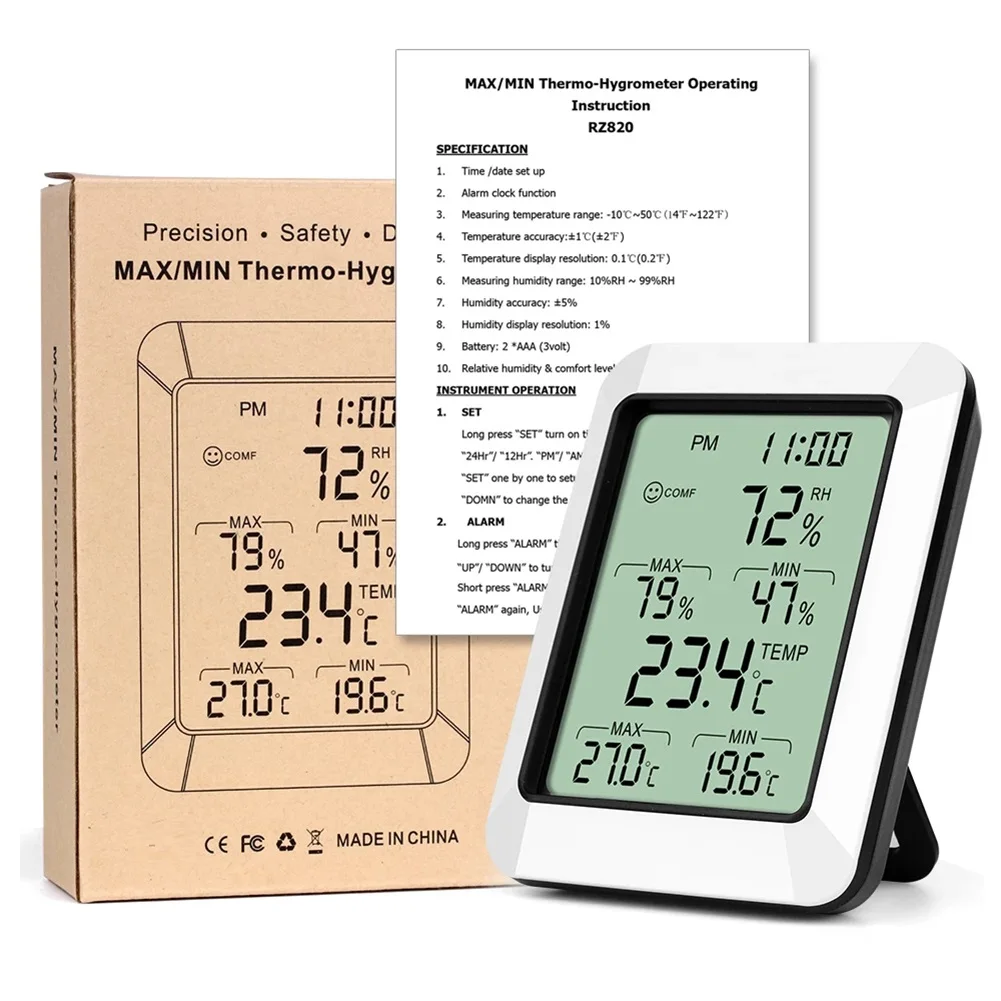 

RZ820 Digital Thermometer Hygrometer Room Indoor Temperature Monitor Hygrometer Weather Station Clock LCD Electronic Thermometer