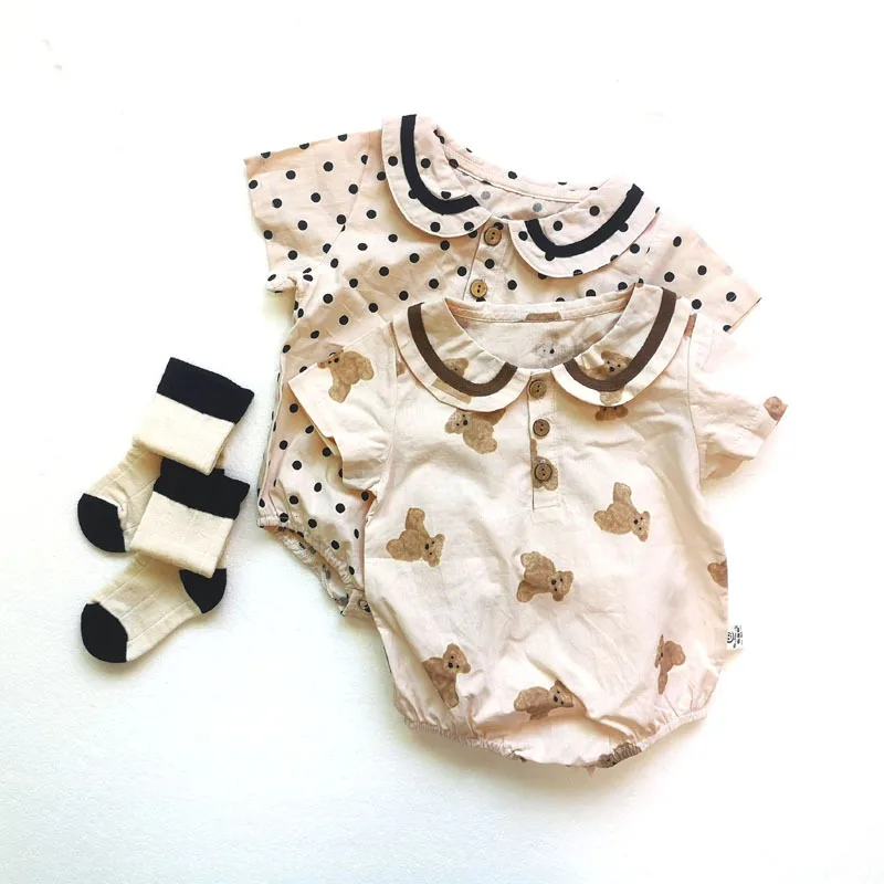 

Baby Girl Fashion Polka Dot Peter Pan Collar Short Sleeves Jumpsuit Toddler Boy Bear Print Thin Cotton Bodysuit One Piece