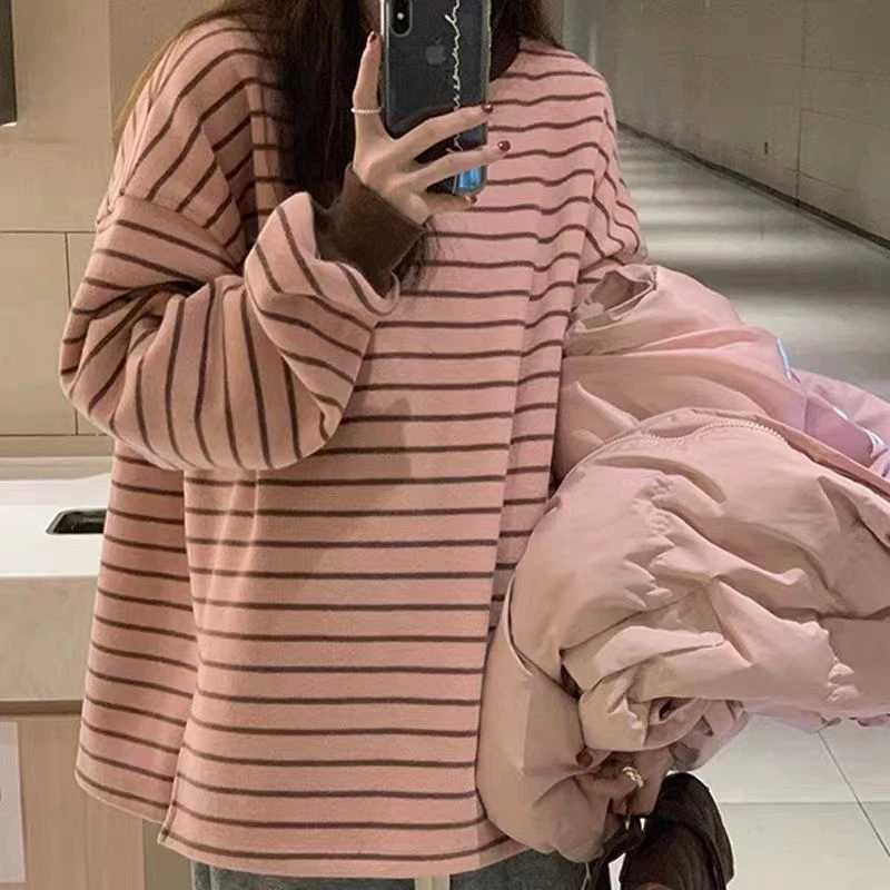 

Fall Pink Striped Print Long Sleeve Women T Shirt Korean Fashion Split Fork Student All-match Harajuku Casual Oversized Clothing