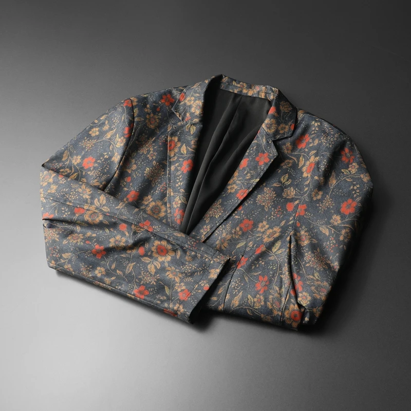 Винтажные повседневные мужские пиджаки с цветочным принтом однобортные тонкие