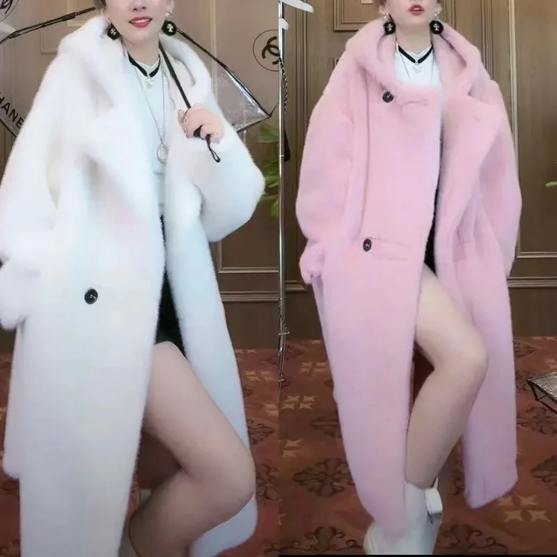 Зимнее длинное толстое теплое пушистое пальто из искусственного меха женское