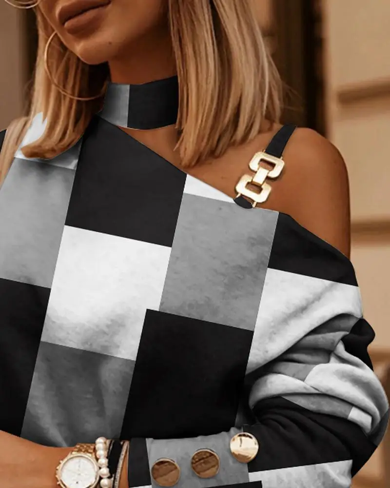 Autumn And Winter 2022 Long Sleeve Chain Neck Striped Print Button Decorative Top Women Off The Shoulder Pullover Blouse Femme