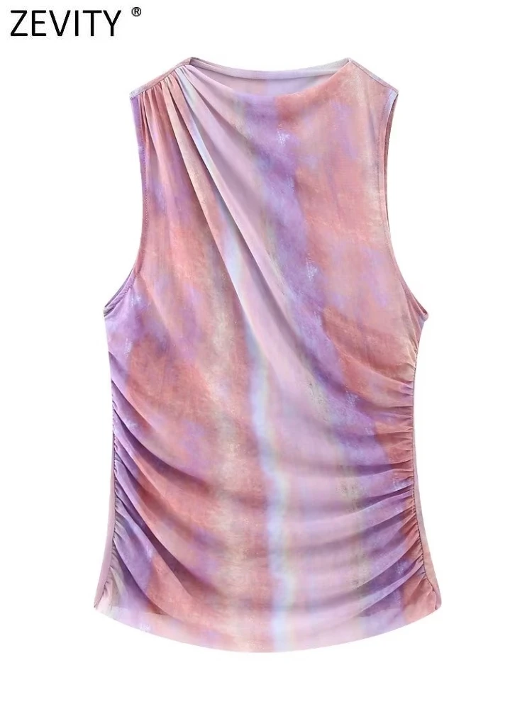

Модная женская блузка Zevity с круглым вырезом, без рукавов, с принтом из окрашенной сетчатой пряжи, Женская плиссированная дизайнерская рубашка, блузы, шикарные топы LS3931