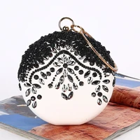 fashion woman handbag flat round black beaded designer evening bag chain messenger bag banquet bride wedding wallet cosmetic bag