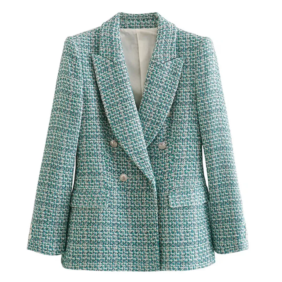 

Withered 2022 England Style Office Lady Casual Blazers Women Tweed Double Breasted Fashion Jacket Women Blazers