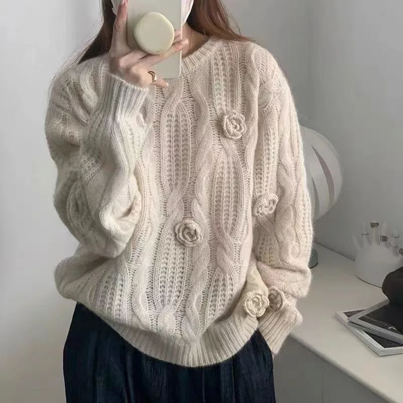 

Round Neck Top Three-dimensional Rose Knitted Sweater Female Fall and Winter New Loose Twisted Pullover Jacket Sweater Women