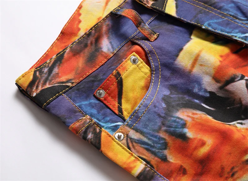 Men's Colorful Graffiti Printed Jeans Y2K Colorful Slim Fit Tapered Elastic Casual Pants Fashion Street Clothing Small Foot Pant