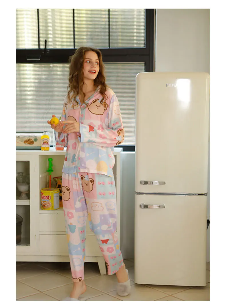 2022 New Spring 100% Cotton Pajamas Sets Women V-neck Print Cardigan Homewear High Quality Full Sleeve Night Sleep Pants