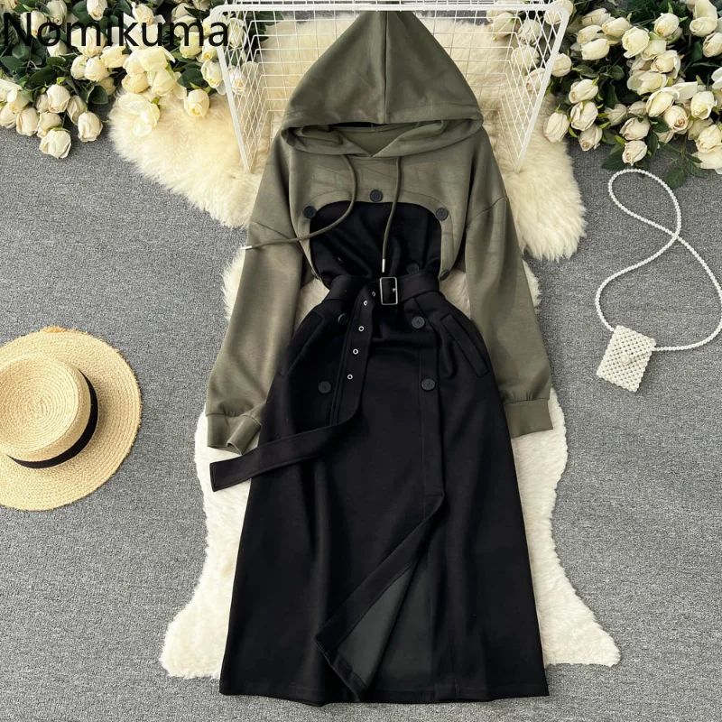 

Платье Nomikuma для женщин, модель сезона осень-зима 2022 года, женское повседневное модное платье контрастных цветов с кулиской в стиле пэчворк