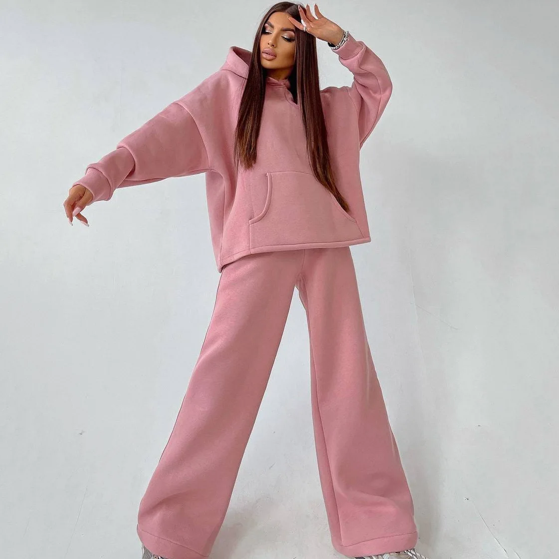 

Winter Pullovers Knitted Sweater 2 Piece Suit Casual High Collar Wide Legs Pants and Long Sleeved Top Set Fashion Lady Outfits