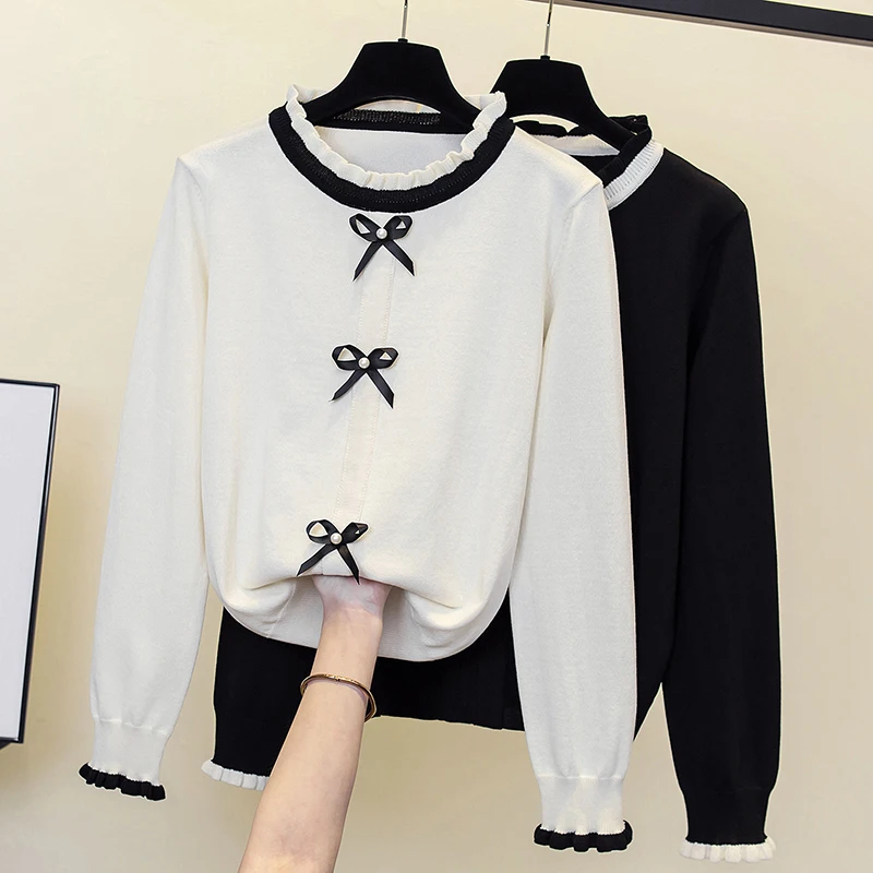 

Autumn Spring New Bow Sweater Pullover Warm Ruffle Collar Temperament Knitted Sweater Women's Long sleeved Fashion Top