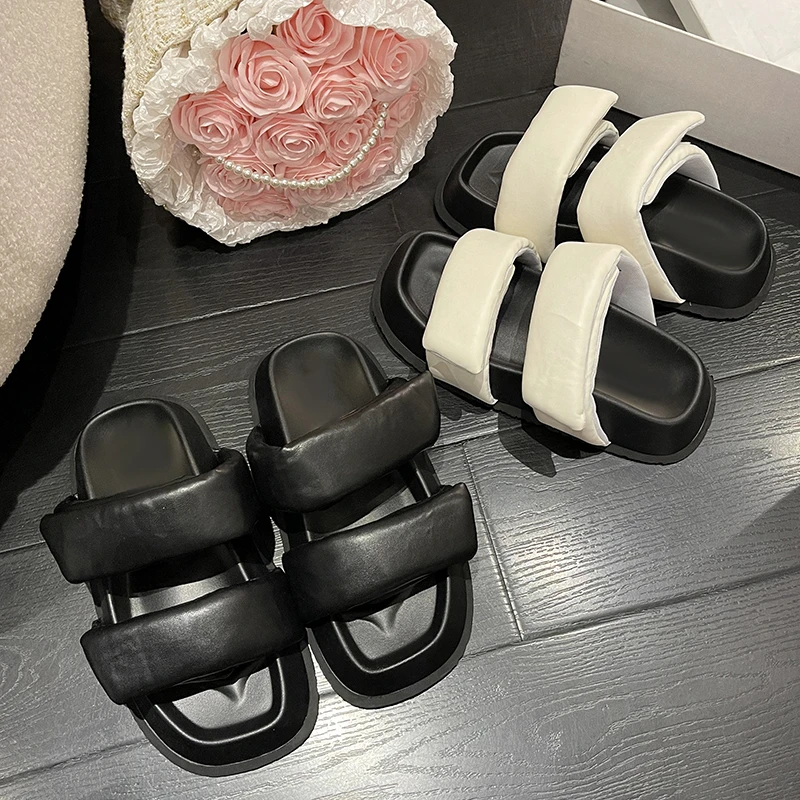 

Female Shoes Square Toe Rubber Flip Flops Slippers Casual Platform Slides Med 2022 Hawaiian Luxury Flat PU Fashion Hook & Loop