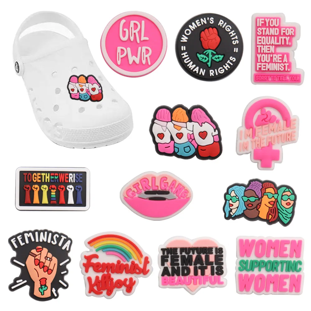 

Wholesale 50pcs PVC Shoe Charms Pink English Slogan Rainbow Accessories DIY Shoe Decoration For Croc Jibz Kids X-mas Gift