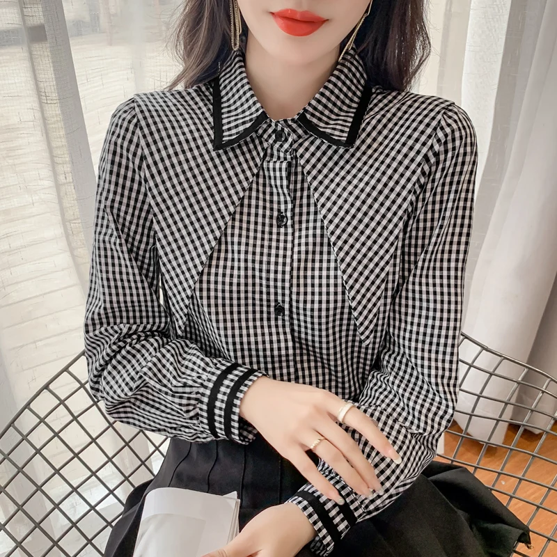 

Шифоновая женская блузка, Повседневная рубашка-поло для девочек, клетчатый летний модный топ с длинным рукавом, свободная элегантная женск...
