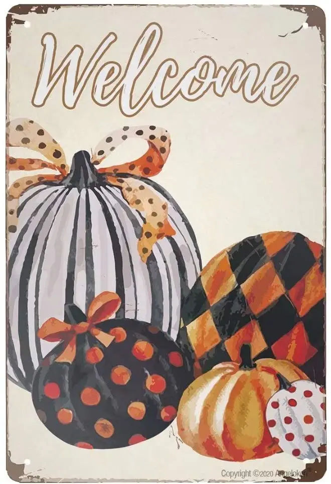 

Металлический Ретро знак, винтажный жестяной знак Welcomee, тыква, Осенний знак для таблички, Постер настенное искусство в кафе, подарок 12X8 дюйм...