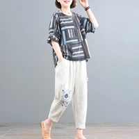 ladies cotton and linen suit 2022 summer new loose large size casual retro western style mother dress embroidery two piece tide